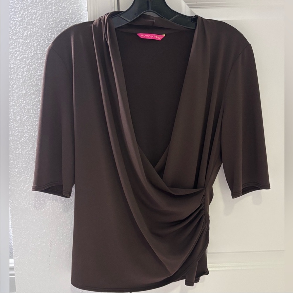 Brown Ruched Wrap Top Draped V Neck Fitted Blouse Short Sleeve